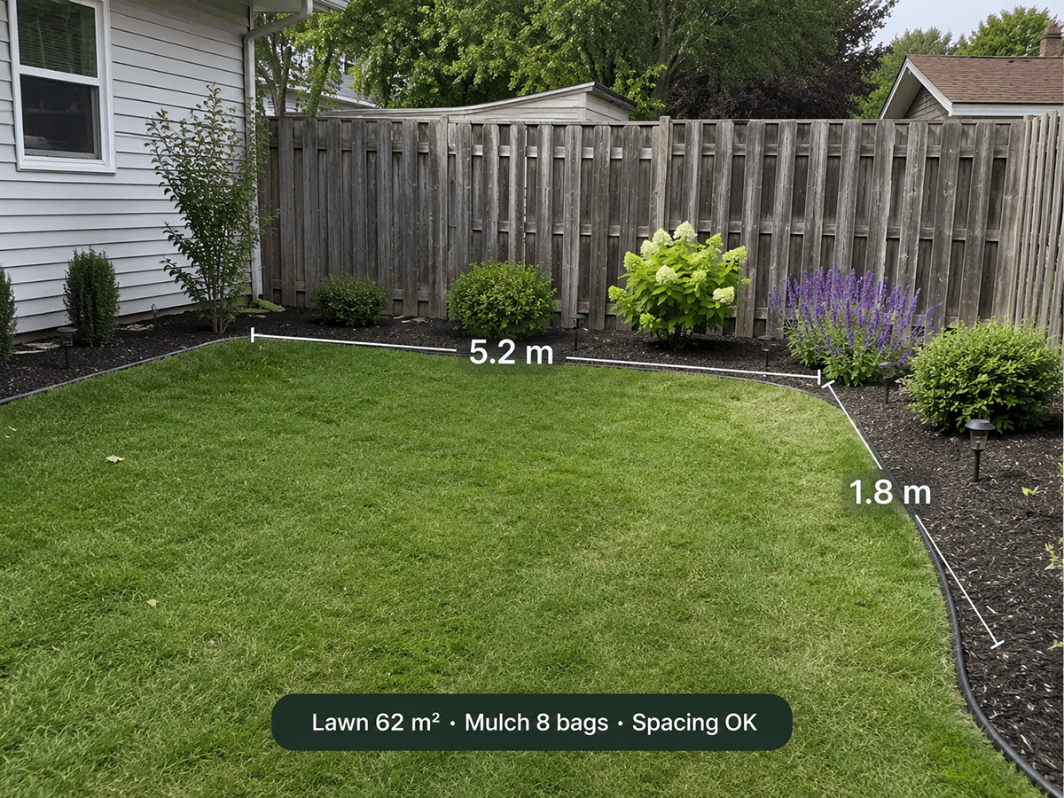 AR yard measurements with lawn area and spacing summary